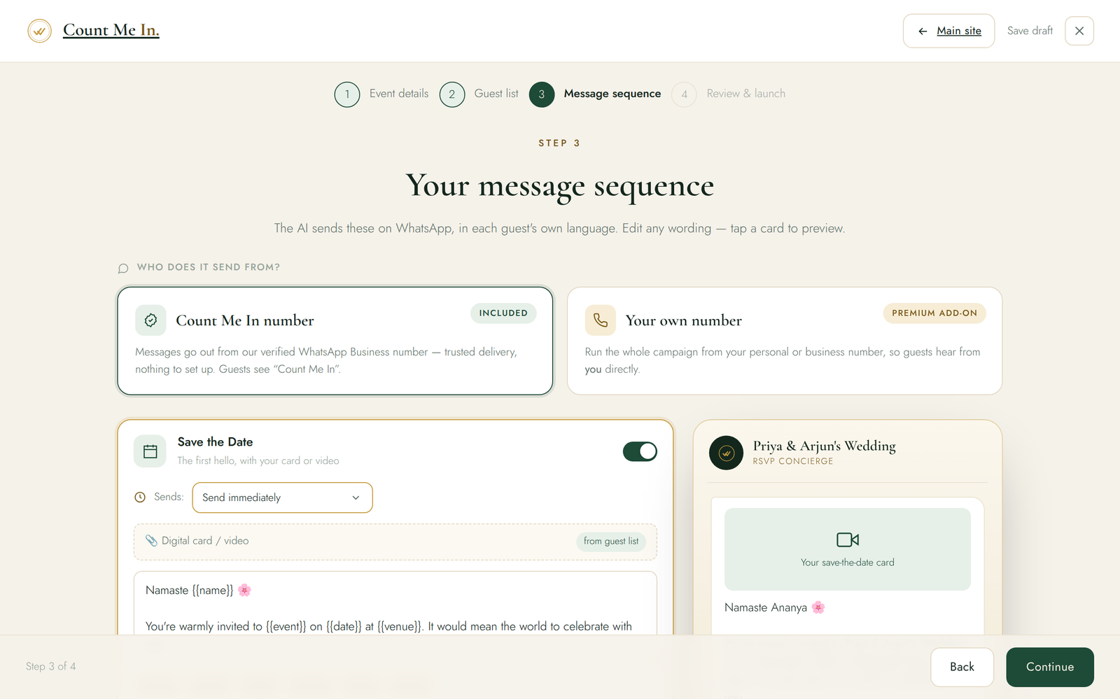Count Me In event setup screen showing a WhatsApp event invitation sequence being scheduled in multiple languages
