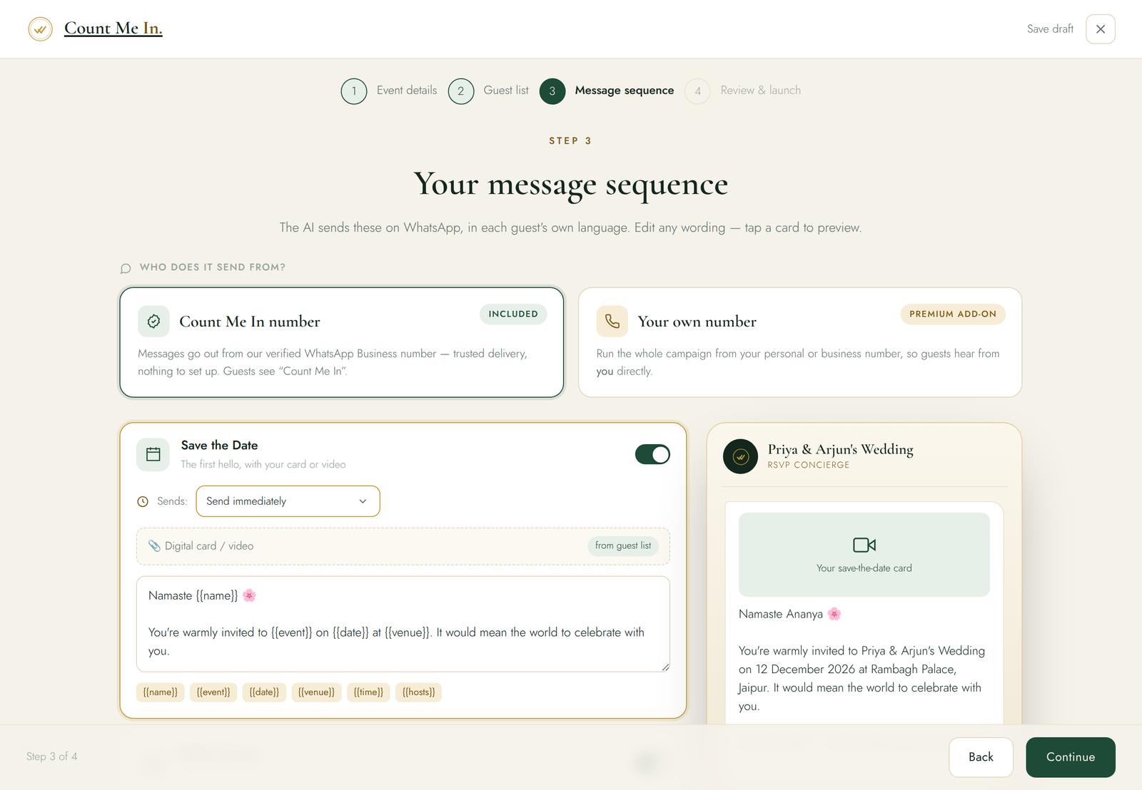 Count Me In event setup with editable WhatsApp message sequence